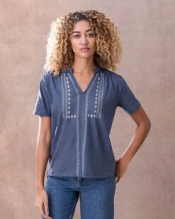 Organic Cotton Embroidered Notch Neck Jersey Top -Wear Luxe Shop 125837