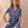 Organic Cotton Embroidered Notch Neck Jersey Top