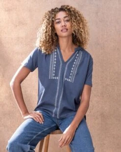 Organic Cotton Embroidered Notch Neck Jersey Top
