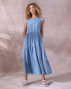 Chambray Tiered Midi Dress -Wear Luxe Shop 128966
