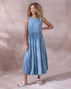 Chambray Tiered Midi Dress