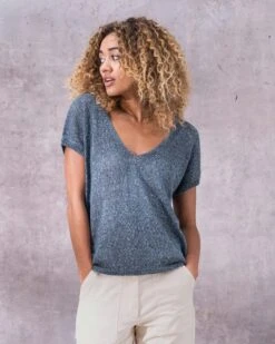 Linen Knitted V Neck T Shirt -Wear Luxe Shop 129043
