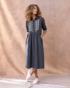 Organic Cotton Embroidery Detail Midi Dress