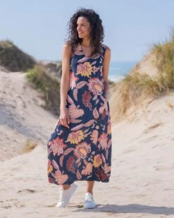 V Neck Printed Swing Midi Dress