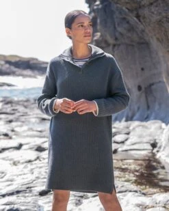 Lambswool / Organic Cotton Button Neck Rib Dress