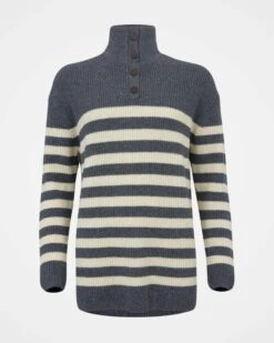 Lambswool / Organic Cotton Button Neck Sweater -Wear Luxe Shop 142333