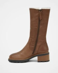 Sheepskin Trim Block Heel Calf Boots -Wear Luxe Shop 144221