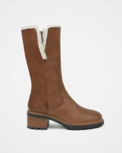 Sheepskin Trim Block Heel Calf Boots