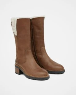 Sheepskin Trim Block Heel Calf Boots -Wear Luxe Shop 144223