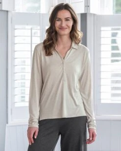 Wool Blend Long Sleeve Polo Top -Wear Luxe Shop 147694